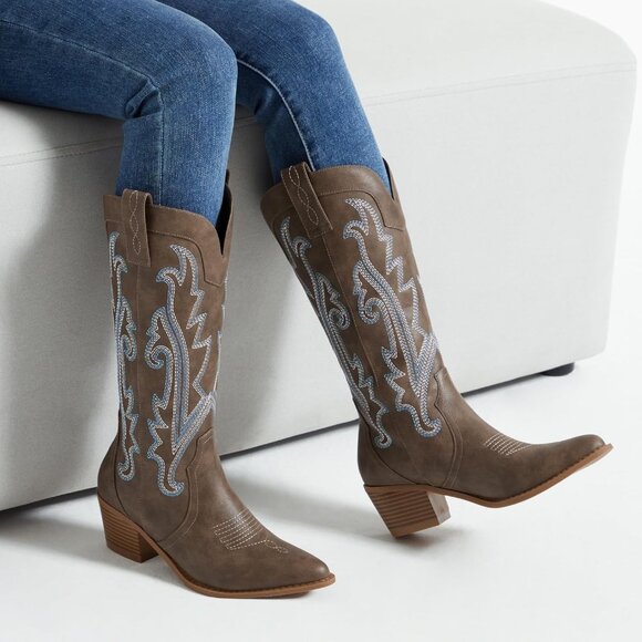 Embroidered Western Cowboy Boots Fashion Pointed Toe Chunky Heel Mid Calf - Picture 2 of 4